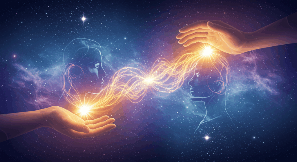 Visualização mística de uma sessão de Reiki à distância com energia fluida e luz violeta