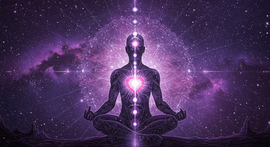 Visualização mística de uma sessão de Reiki à distância com energia fluida e luz violeta