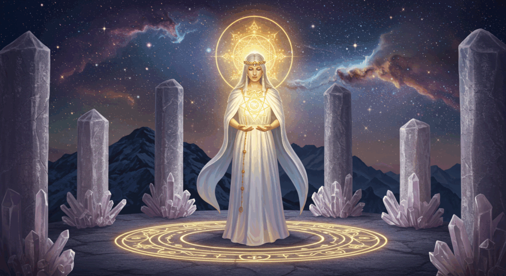 A luminous Lemurian priestess with long flowing robes in white and pastel blue