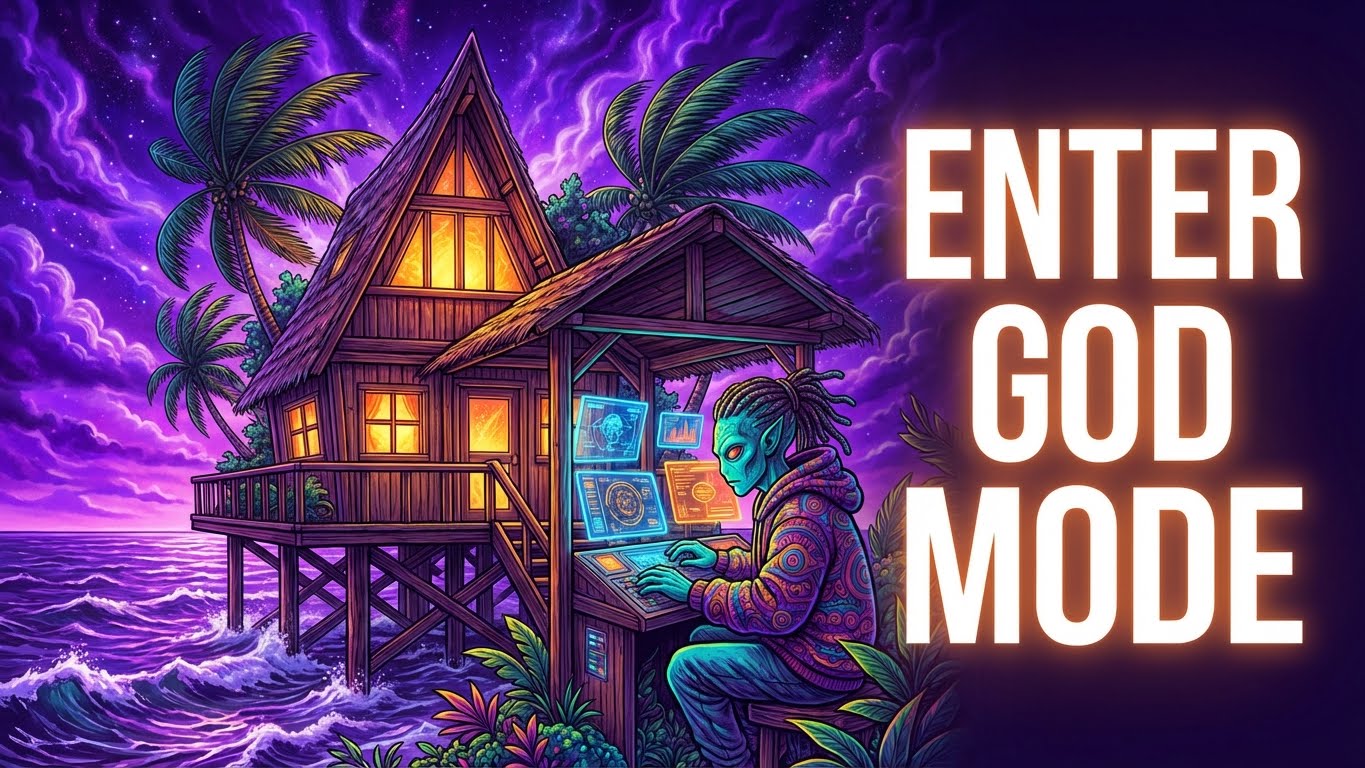 Alien working in a deep focus futuristic treehouse setup for ADHD productivity